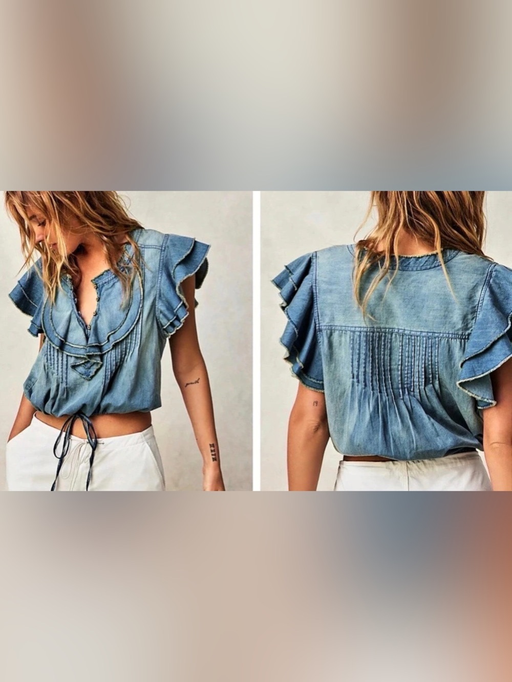 Free People Brunch Babe Denim Blouse Blue